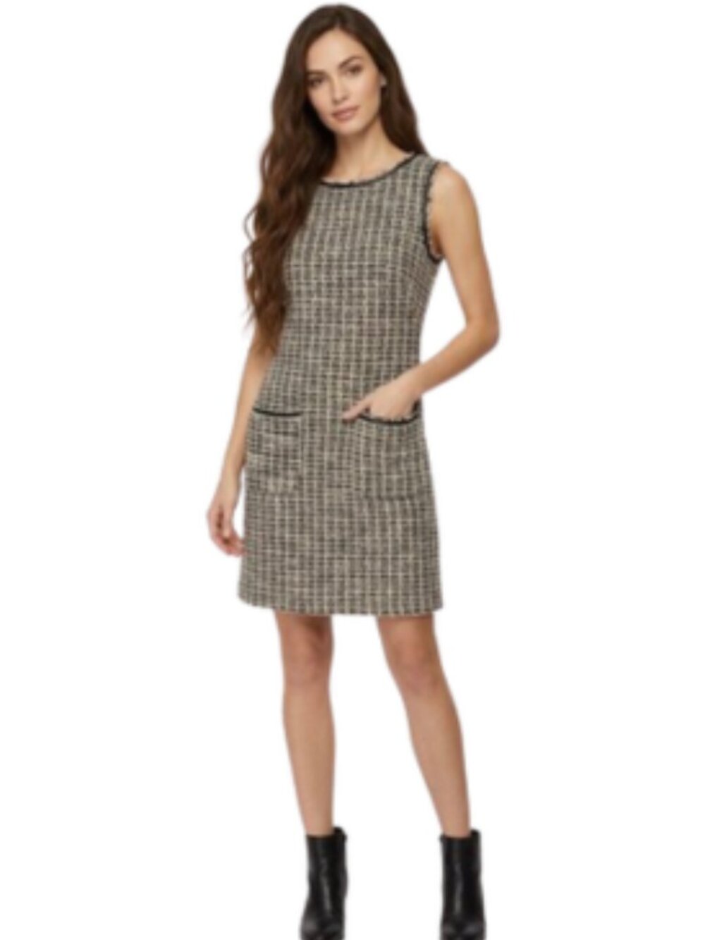 Max Studio Tweed Shift Mini Sleeveless Dress Black White Frayed Trim, size Large